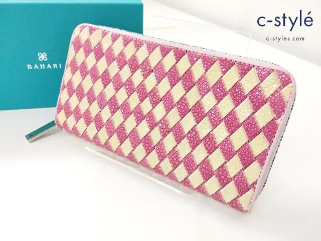 BAHARI バハリ 長財布 ピンク×ホワイト イントレチャート ポリッシュ