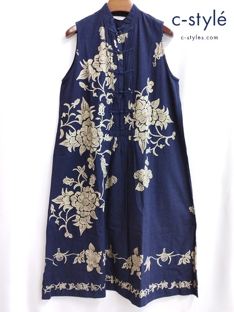 45R フォーティファイブアール ワンピース 2 ネイビー 花柄 チャイナボタン ノースリーブ 綿100 日本製