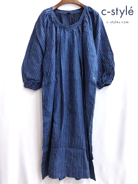 45R フォーティファイブアール ワンピース 0 インディゴ 長袖 藍染 ピンストライプ 麻100 日本製