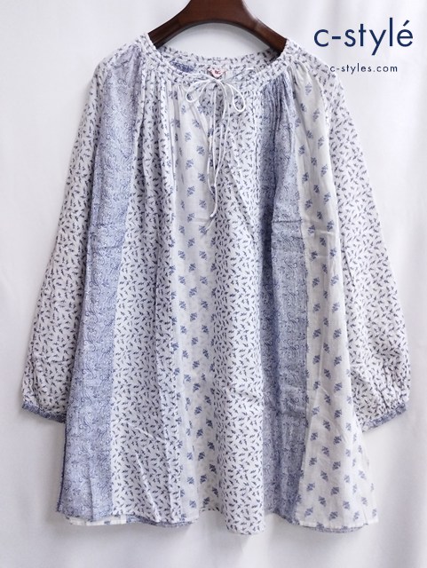 45R ガーゼチュニック 2 ホワイト×パープル系 長袖 リーフ ペーズリー切返し 総柄 綿100 日本製