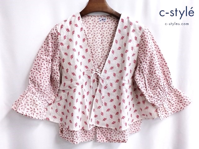 45R シャツ 2 レッド系 五分丈 フラワー リーフ総柄 綿100 日本製