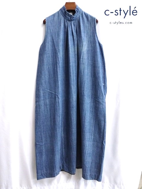 45R スタンドカラー デニム ノースリーブ ワンピース 0 インディゴ 綿100 日本製