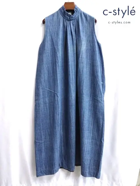 45R スタンドカラー デニム ノースリーブ ワンピース 0 インディゴ 綿100 日本製