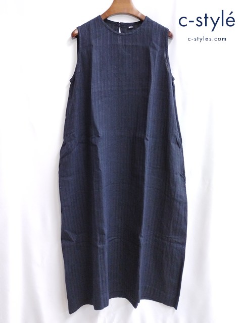 45R ノースリーブ ストライプ刺繍 藍染ワンピース 0 ネイビー 麻100 日本製