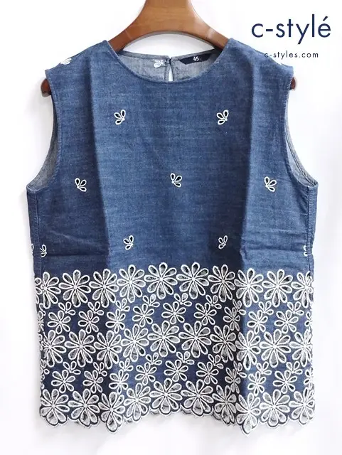 45R ノースリーブ カットワーク デニムフラワーレースブラウス 2 インディゴ 綿100 日本製