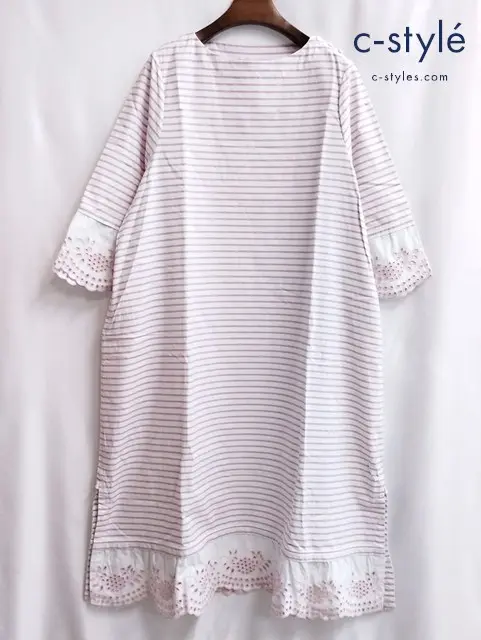 45R ジンバオックスのバスクTドレス ワンピース Free ピンク ストライプ 綿100 日本製 70350041