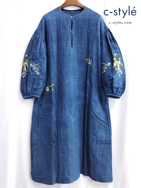 45R ワンピース 0 インディゴ フラワー刺繍 藍染 長袖 綿 100 日本製