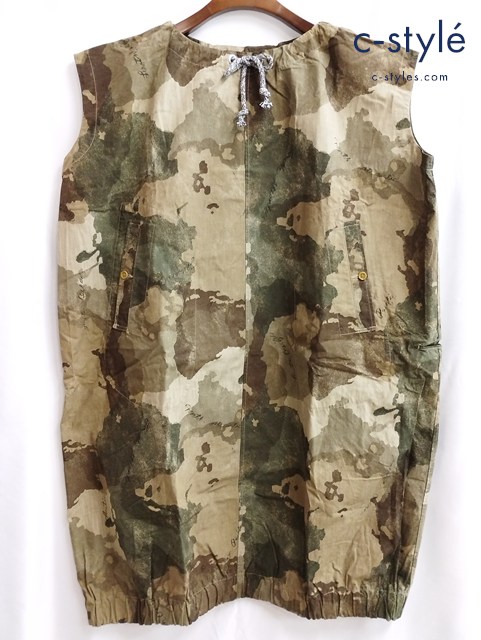 45R 七つの海 オンザビーチドレス ワンピース ノースリーブ ブラウン x カーキ 迷彩 綿 100 日本製