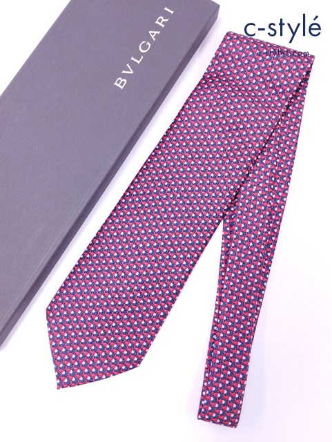BVLGARI ブルガリ ネクタイ レッド×ネイビー FISH シルク100％