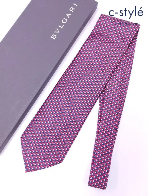 BVLGARI ブルガリ ネクタイ レッド×ネイビー FISH シルク100％