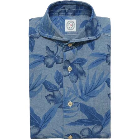 BOLZONELLA(ボルゾネッラ) コットンシャンブレーボタニカルプリントカッタウェイラウンドカラーシャツ H3090 11061011025