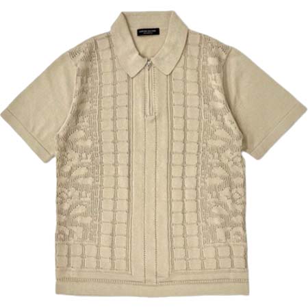 CUSTOM CULTURE(カスタムカルチャー) 14ゲージパネル透かし編み ハーフジップ ショートスリーブ ニットポロ