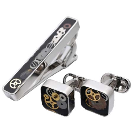 MONART(モンアート) カフス ネクタイピン セット メンズ ギア(歯車) スクエア型 シルバー ブラック