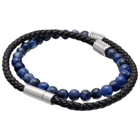 MONART(モンアート) ブレスレット 天然石 メンズ ダブルワイディング ウーブンレザー/ソーダライトストーン ブラウン/ブルー