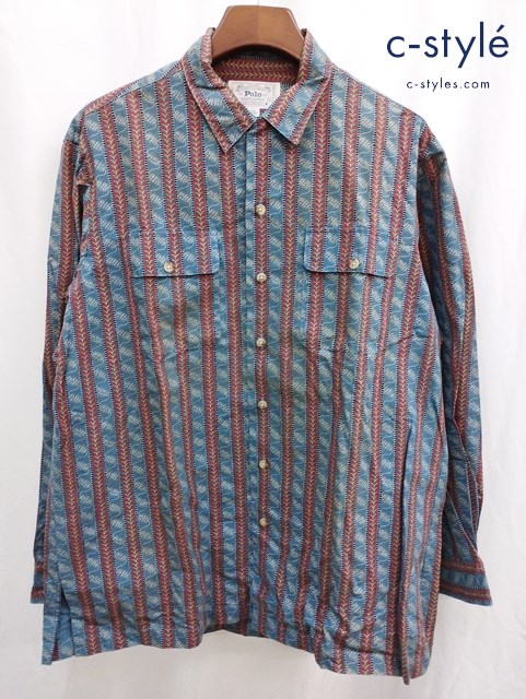 Polo by Ralph Lauren ポロラルフローレン オープンカラーリーフ総柄ストライプシャツ M ブルー系 長袖
