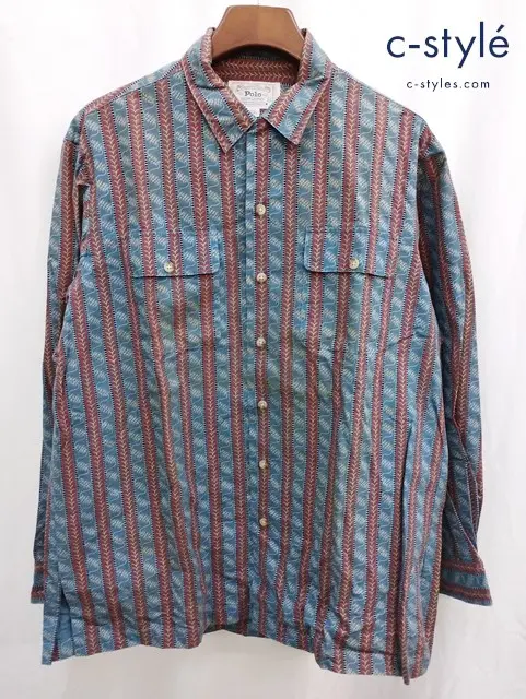 Polo by Ralph Lauren ポロラルフローレン オープンカラーリーフ総柄ストライプシャツ M ブルー系 長袖