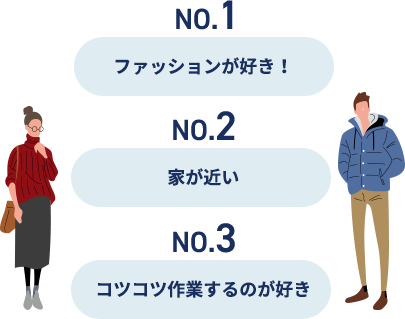 NO.1 ファッションが好き！ NO.2 家が近い NO.3 コツコツ作業するのが好き